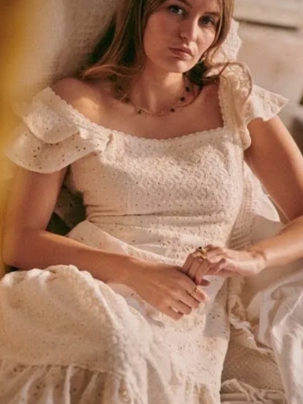 Sezane Ecru Eyelet Ruffle Midi Dress - Picture 4 of 6